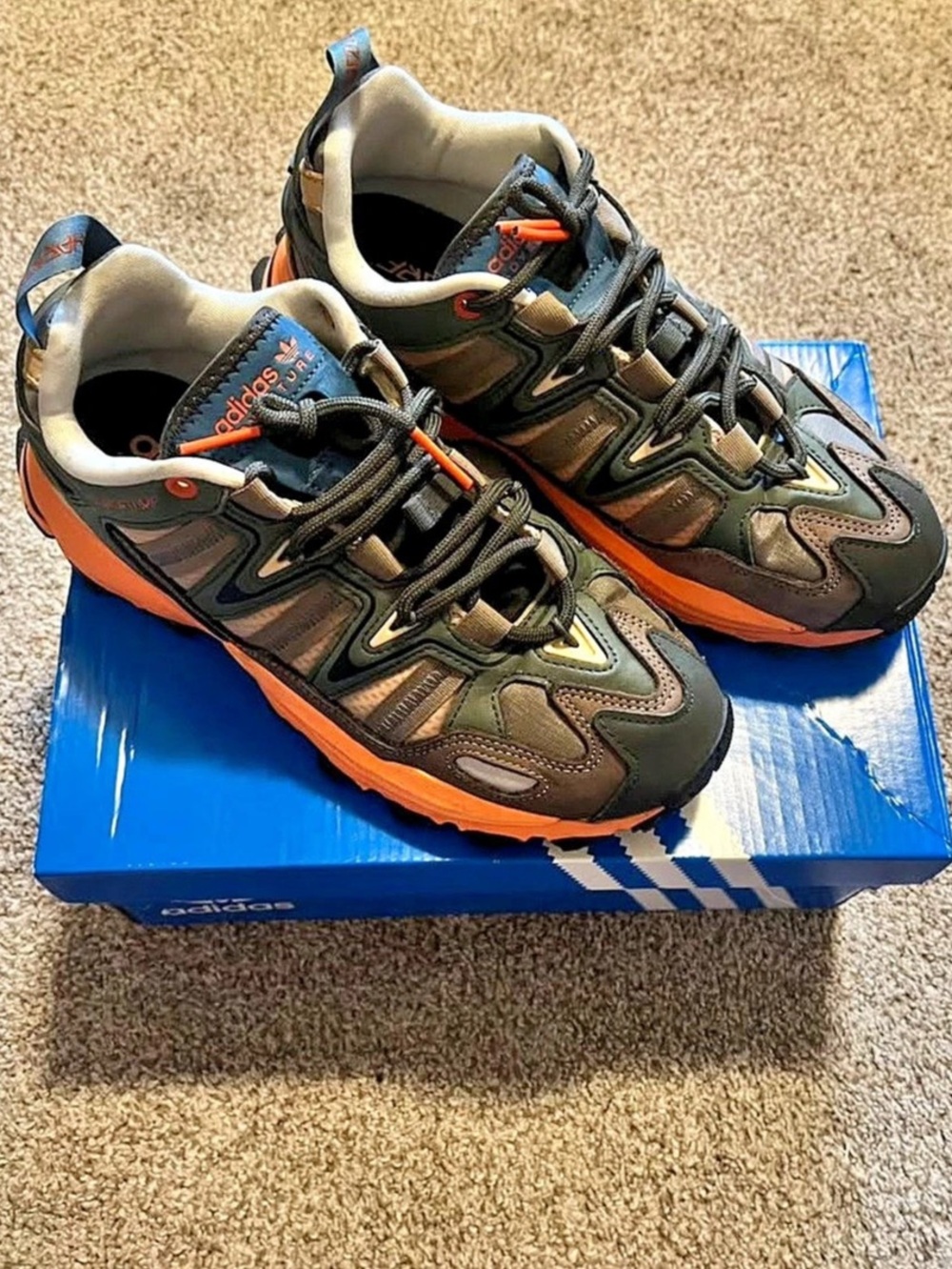Adidas Hyperturf Adventure Shadow Olive Orange Sneakers women 9.5 men 7.5